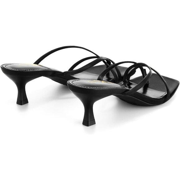 Athlefit Women's Black Polyurethan Square Open Toe Kitten Heels Thong Sandals - Picture 5 of 6